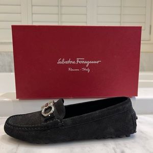 Brand New like condition Salvatore Ferragamo Black Suede Gancini Driver Loafer